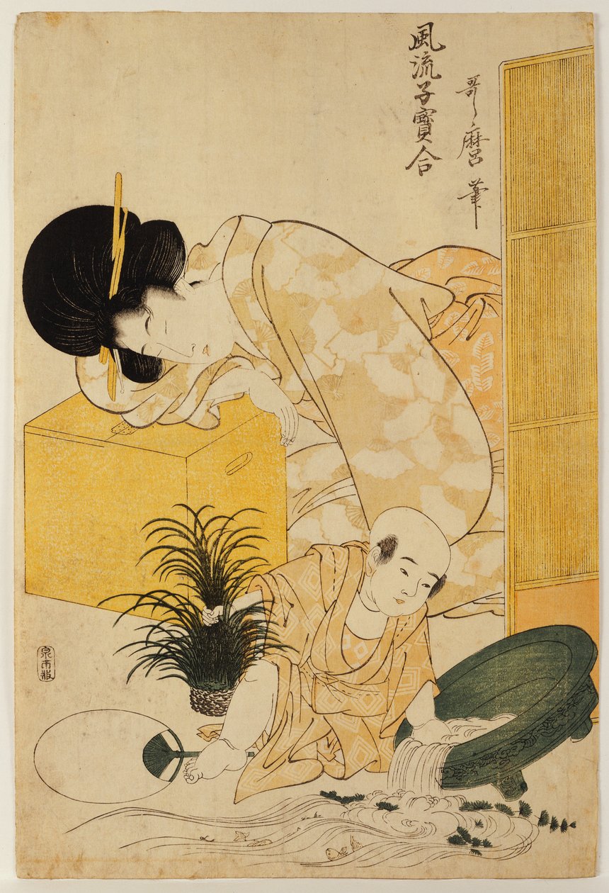 En mamma slumrar medan hennes barn välter en fiskskål, från serien "Comparison of Fashionable Children" av Kitagawa Utamaro