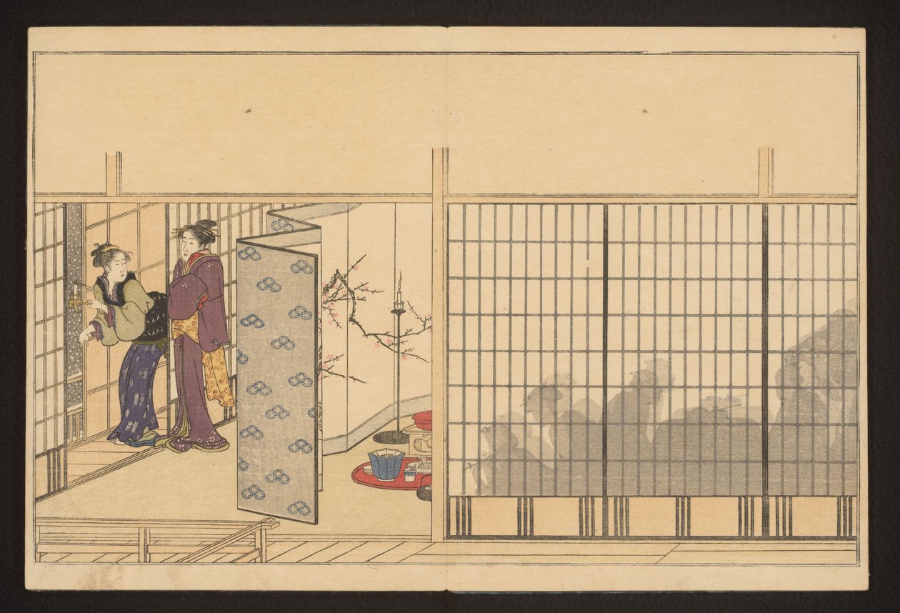 En fest i ett hus med två kvinnor till vänster av Kitagawa Utamaro