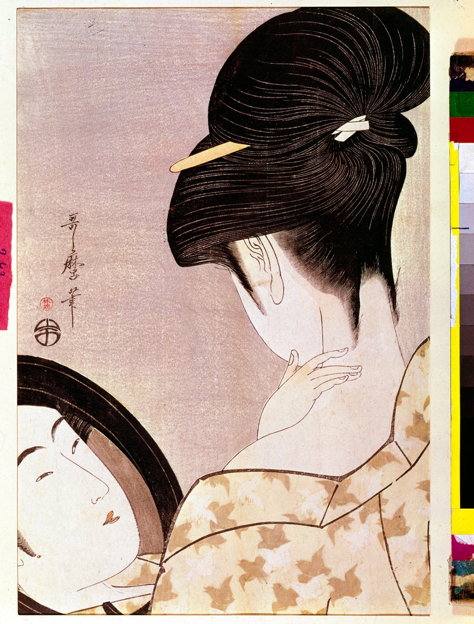 En kvinna som driver sin hals med nyanserat japanskt tryck av Utamaro Kitagawa (1753-1806) - Sön 0,37x0,22 m - 1795-1796 - Paris, Musee Guimet, Musee national des Arts Asian av Kitagawa Utamaro