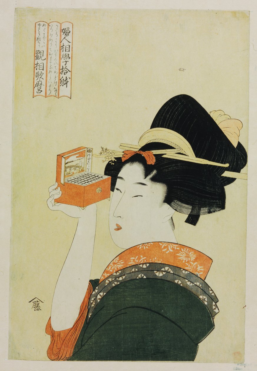 En ung tjej som tittar igenom en Nozoki Megane, "Magic Lantern", från serien "Ten Forms of Feminine Physiognomies" av Kitagawa Utamaro