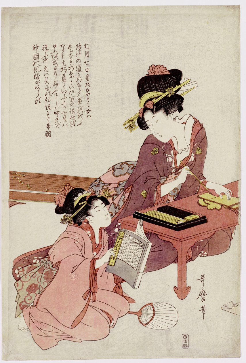 En ung kvinna sitter vid ett skrivbord och skriver, en flicka med en bok tittar på av Kitagawa Utamaro