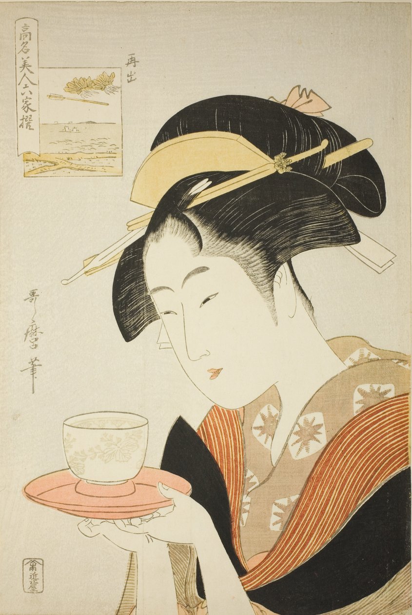 Visas igen: Naniwaya Okita, från serien "Renowned Beauties Likened to the Six Immortal Poets" ("Komei bijin rokkasen") av Kitagawa Utamaro