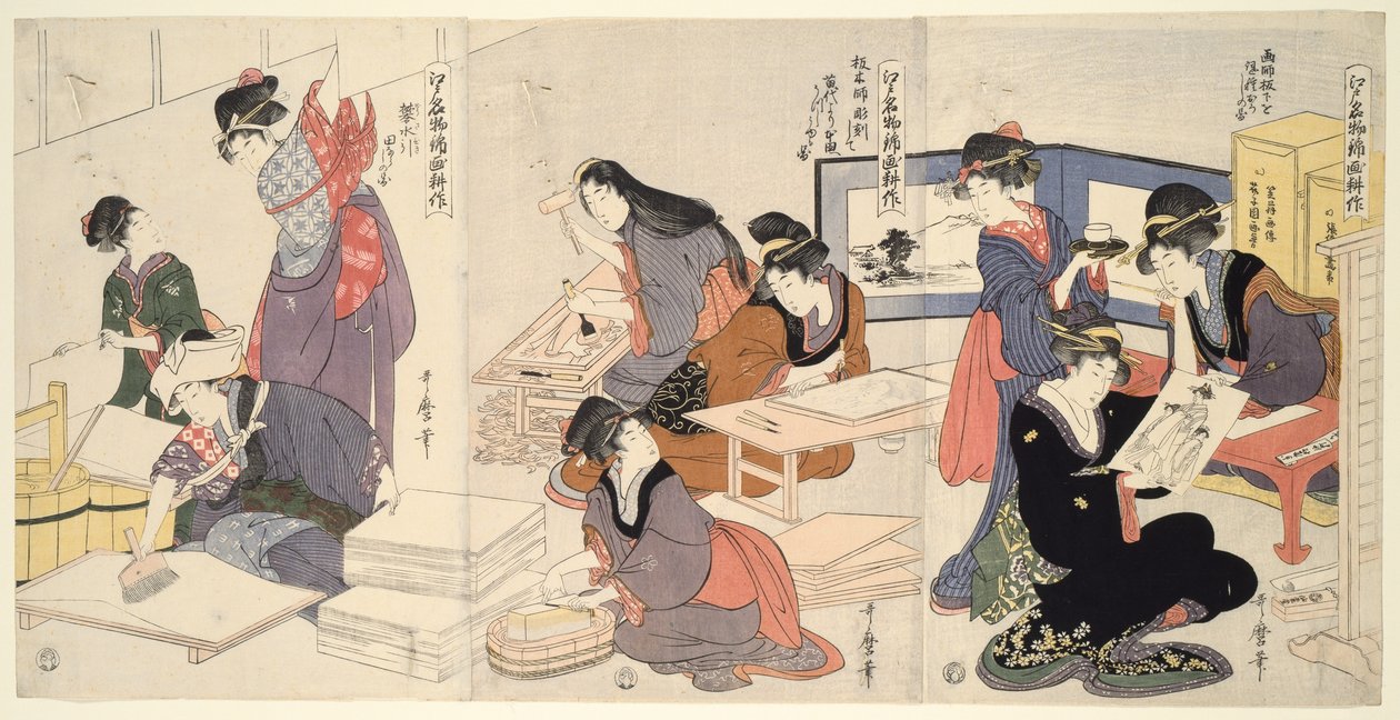 Artist, Block Carver, Applying Sizing (Eshi, hangashi, dosa-biki), från serien The Cultivation of Brocade Prints, a Famous Product of Edo (Edo meibutsu nishiki-e kosaku) av Kitagawa Utamaro