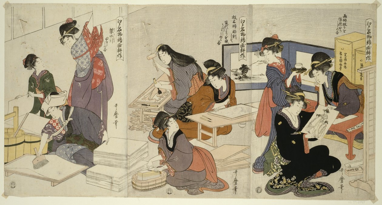 Artist, Block Carver, Applying Sizing, från serien The Cultivation of Brocade Prints, A Famous Product of Edo, c.1803 av Kitagawa Utamaro