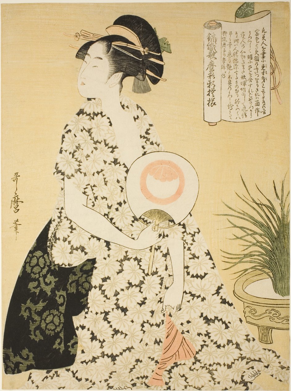 Beauty Wearing a Summer Kimono, från serien "New Patterns of Brocade Woven in Utamaro Style" ("Nishiki-ori Utamaro-gata-shinmoyo") av Kitagawa Utamaro