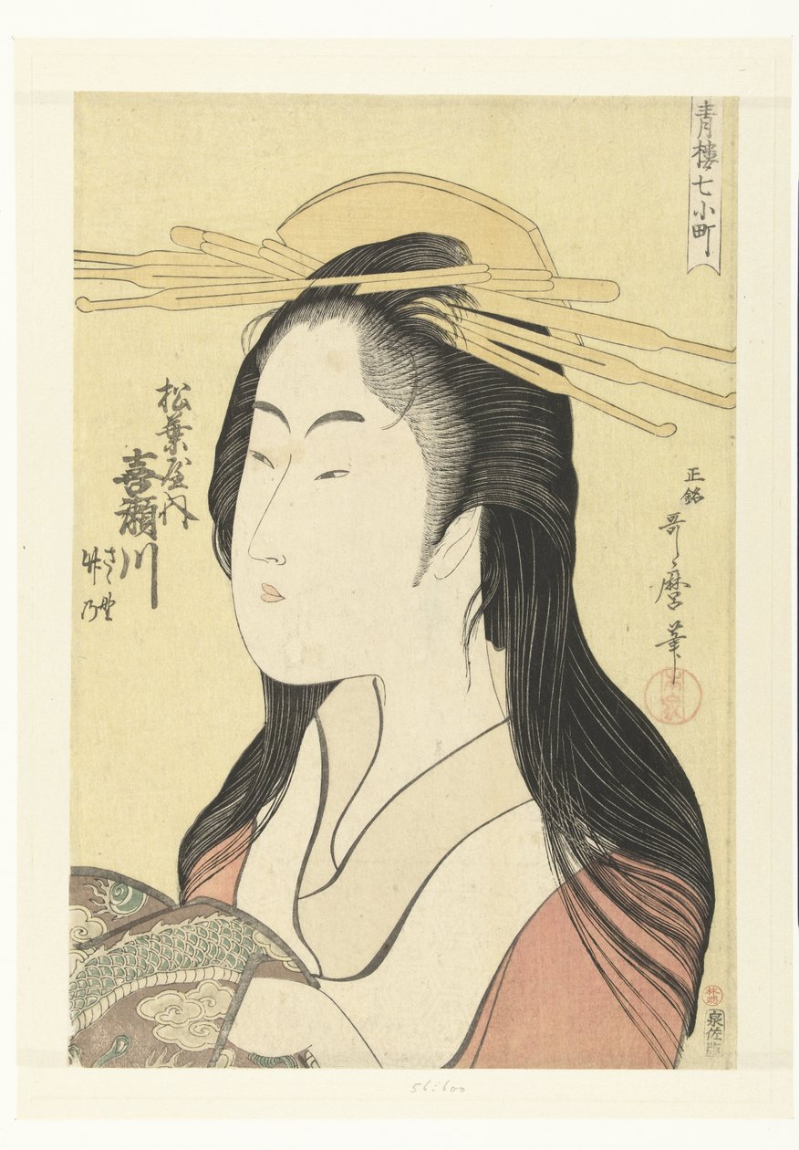Bystporträtt av kurtisan Kisegawa från Matsubaya-huset. Matsubaya uchi Kisegawa (titel på objekt) De sju Komachi från nöjeshusen (serietitel) Seiro nana Komachi (serietitel på objekt) av Kitagawa Utamaro