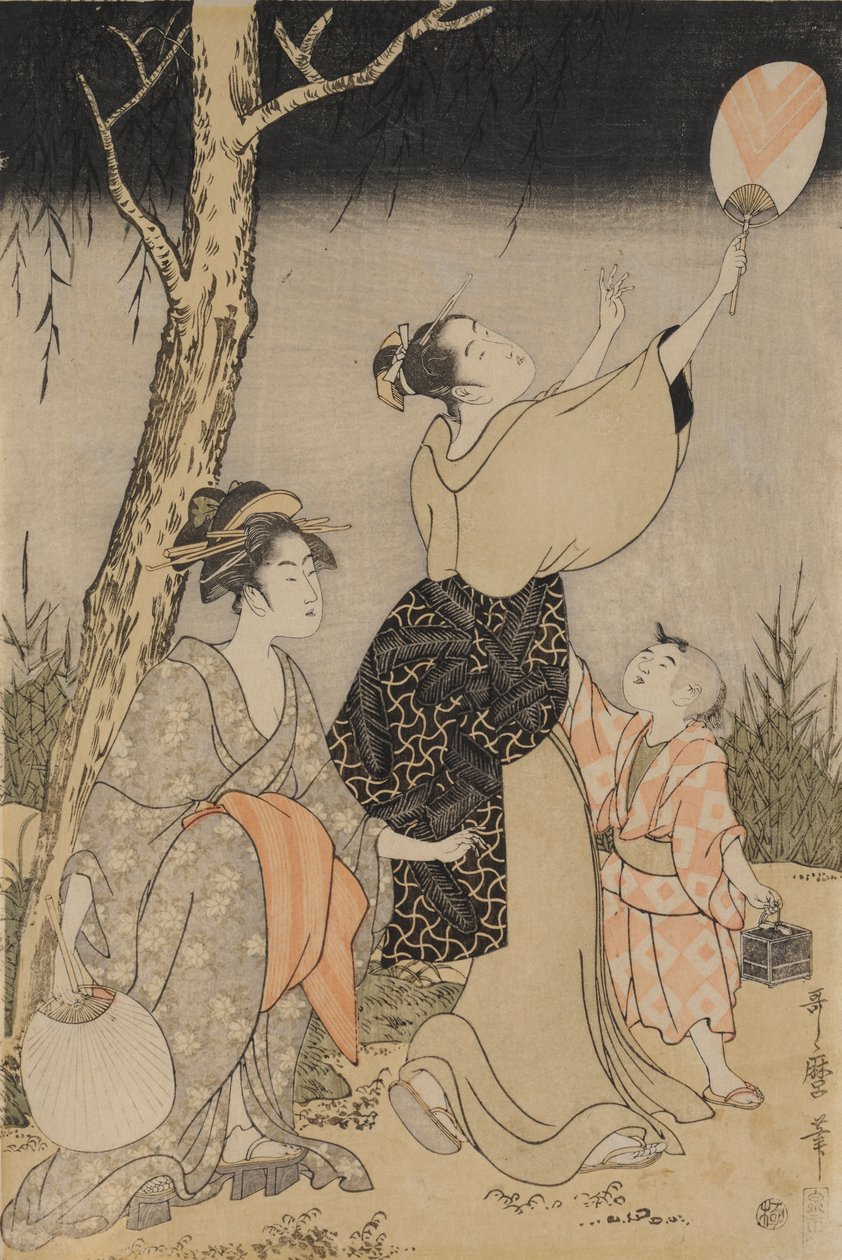 Fånga eldflugor under ett pilträd (vänster) av Kitagawa Utamaro