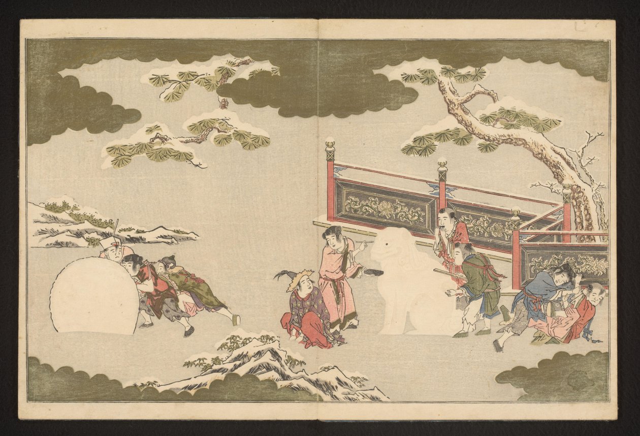 Kinesiska pojkar som leker i snön av Kitagawa Utamaro