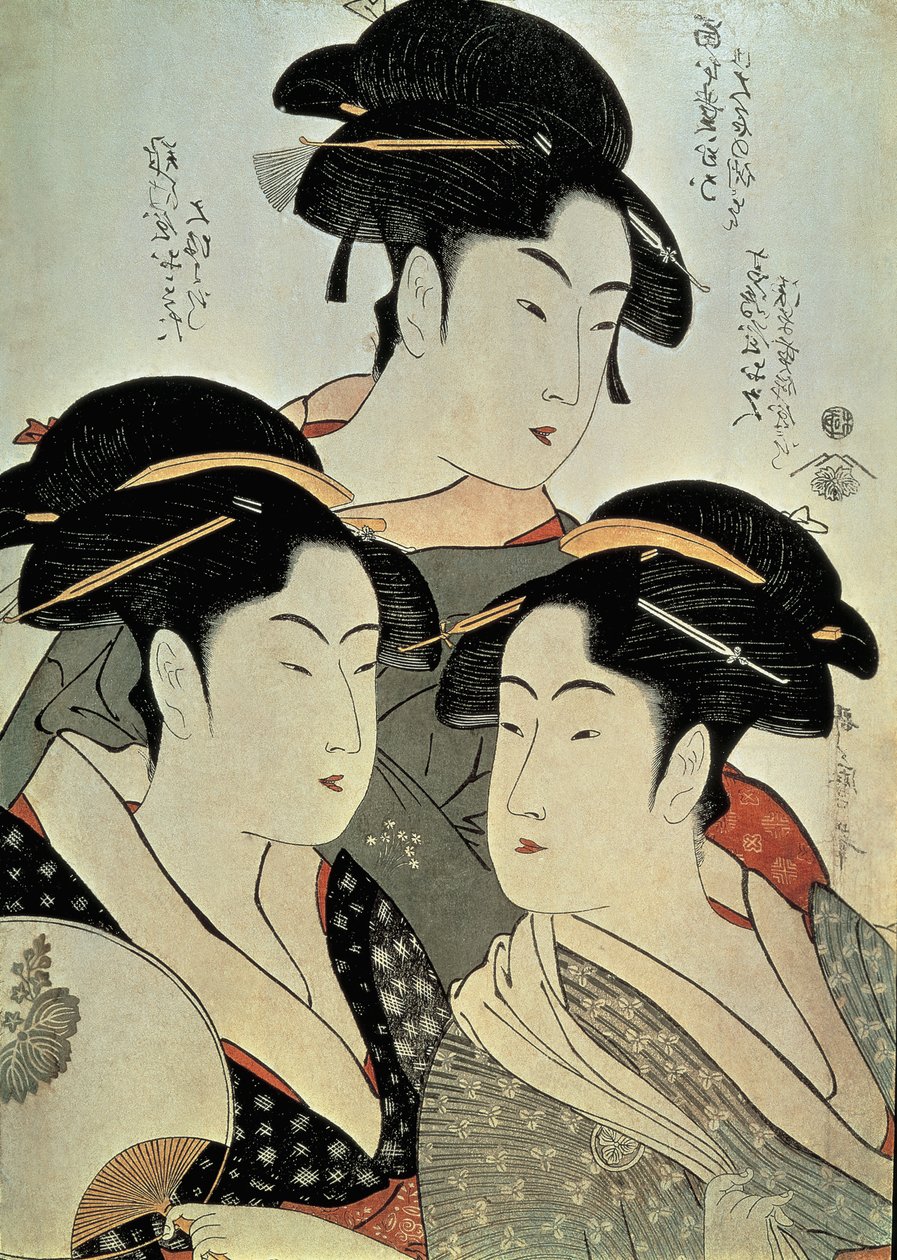Nærbillede af et maleri af tre kvinder, Kitagawa Utamaro, Kansei-æraen, Japanswed av Kitagawa Utamaro