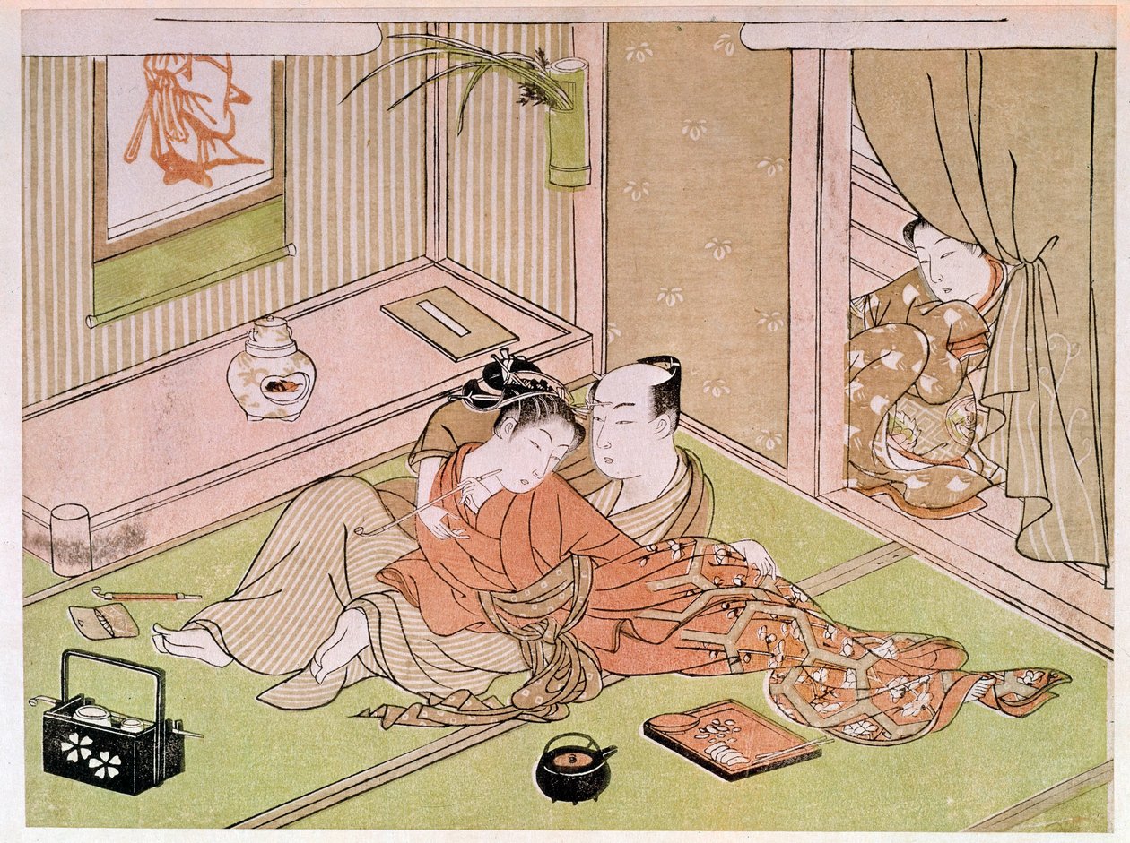 Par som smeker under blicken av det japanska trycket för tjänarinnan av Utamaro Kitagawa (1753-1806). 1700-talet. Paris, Guimet-museet, Nationalmuseet för asiatisk konst av Kitagawa Utamaro