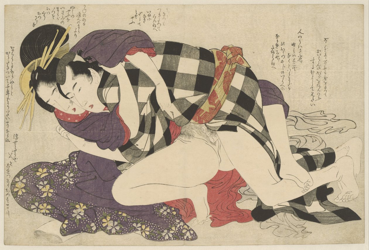 Courtesan med en klient Hoogeplaatste courtisane met klant Negai no itoguchi (serietitel) av Kitagawa Utamaro