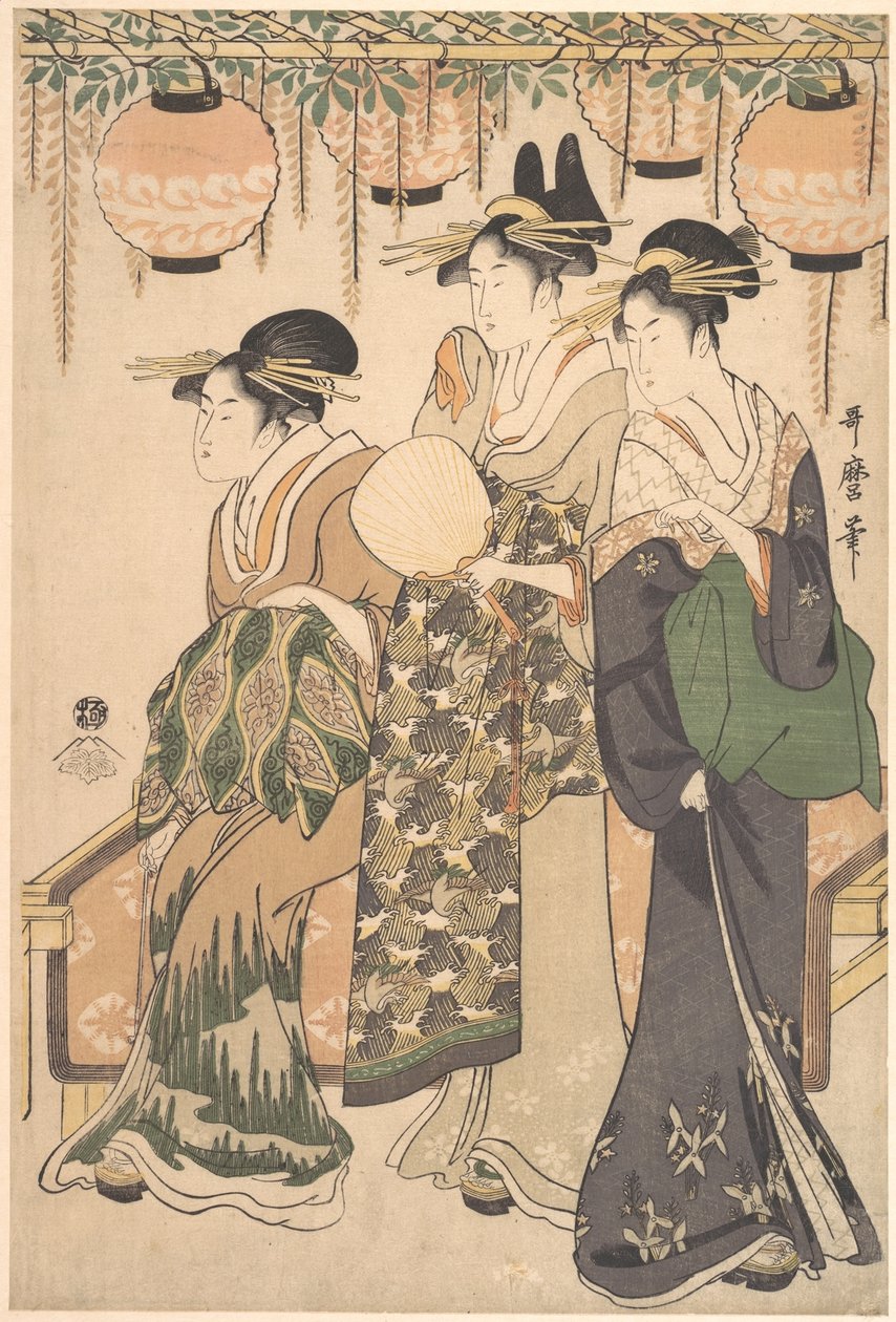 Kurtisaner under en blåregnsberså av Kitagawa Utamaro