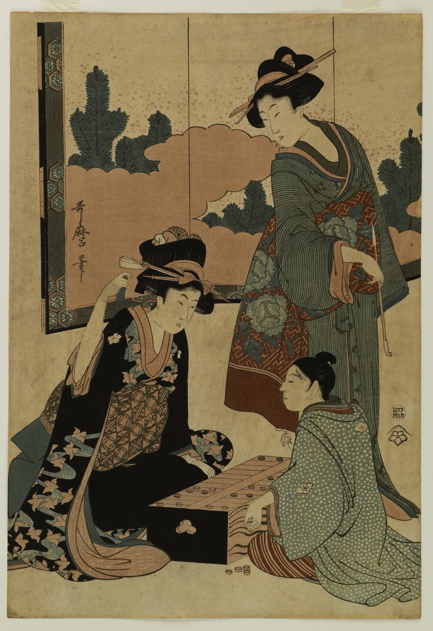 Kurtisaner som spelar ett brädspel av Kitagawa Utamaro