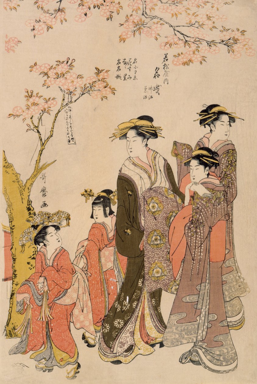 Courtesaner som promenerar under körsbärsträd, ca 1789 (träblockstryck) (detalj av 203664) av Kitagawa Utamaro