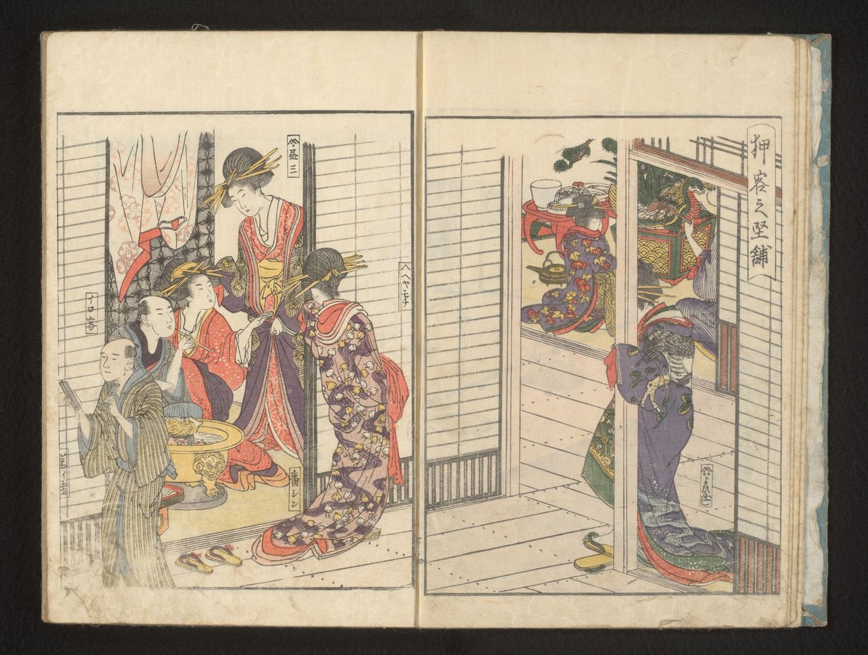 Kurtisaner med två manliga gäster av Kitagawa Utamaro