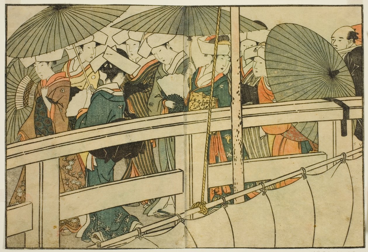 Crossing a Bridge in Summer, från den illustrerade boken "Picture Book: Flowers of the Four Seasons (Ehon shiki no hana)," vol. 1 av Kitagawa Utamaro