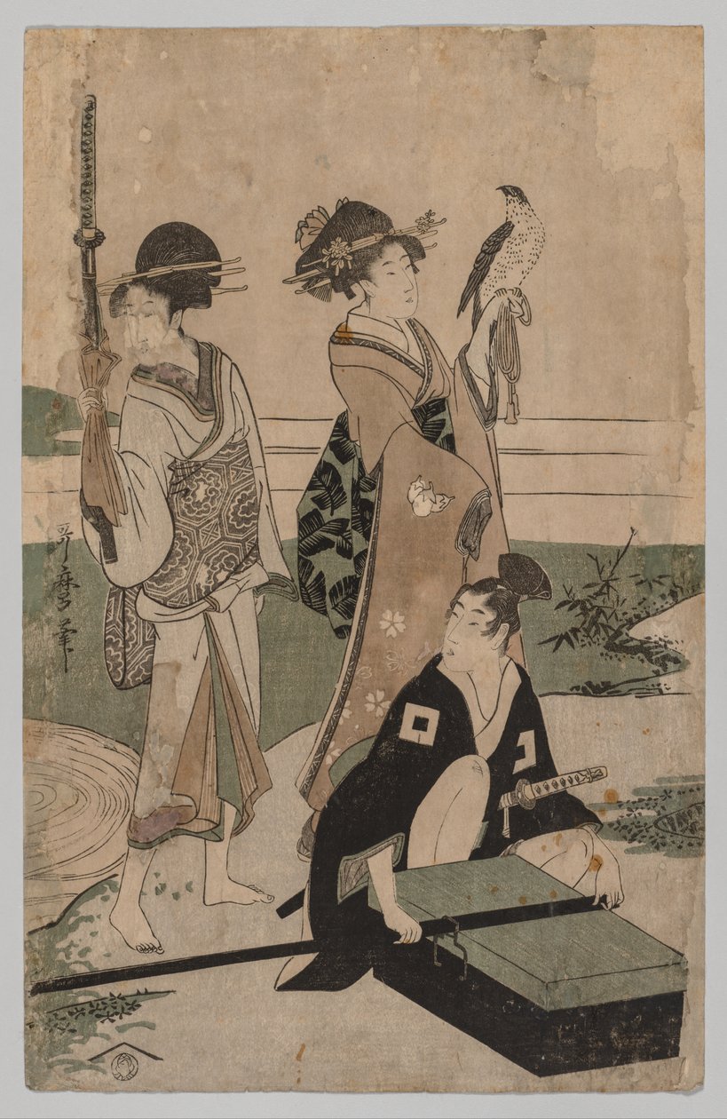 Daimyō och hans följe korsar en bäck i slätten nära Fuji av Kitagawa Utamaro