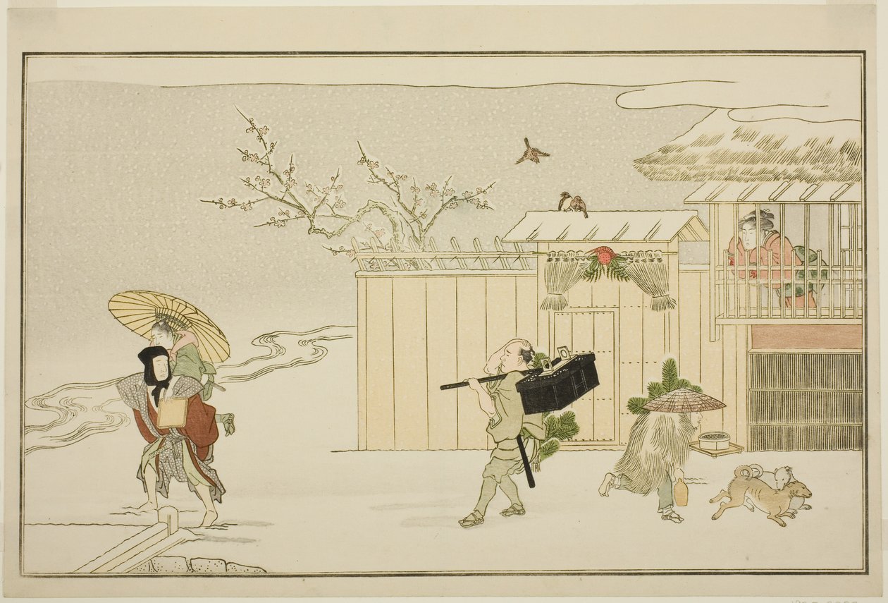 Leverera nyårspresenter i snön, från den illustrerade kyoka-antologin "The Young God Ebisu (Waka Ebisu)" av Kitagawa Utamaro