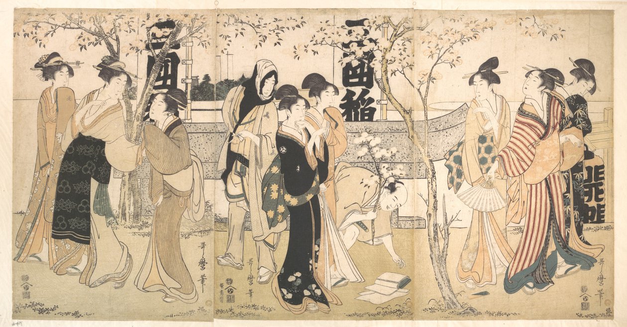 Visning av skatter vid Mimeguri-helgedomen (Mimeguri jinja no onkaichō) av Kitagawa Utamaro