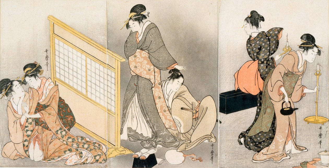 Dubbel kudde. Triptyk, ca 1794 av Kitagawa Utamaro