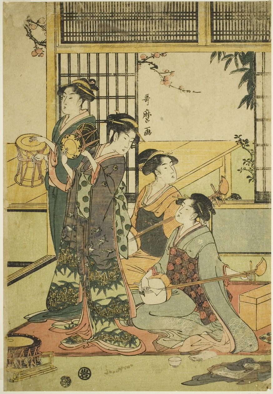 Trummor och Shamisen (trätryck i färg; aiban) av Kitagawa Utamaro