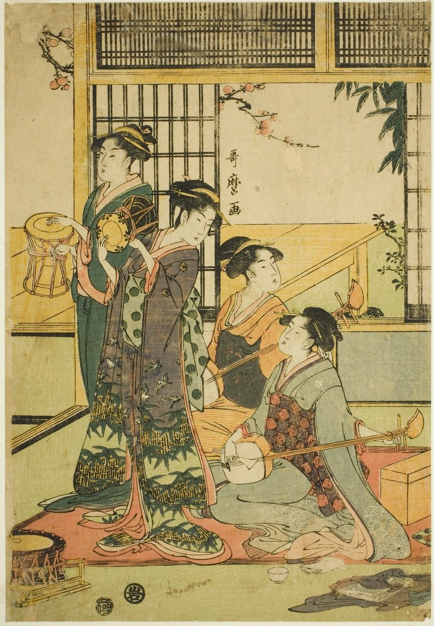 Trummor och Shamisen av Kitagawa Utamaro