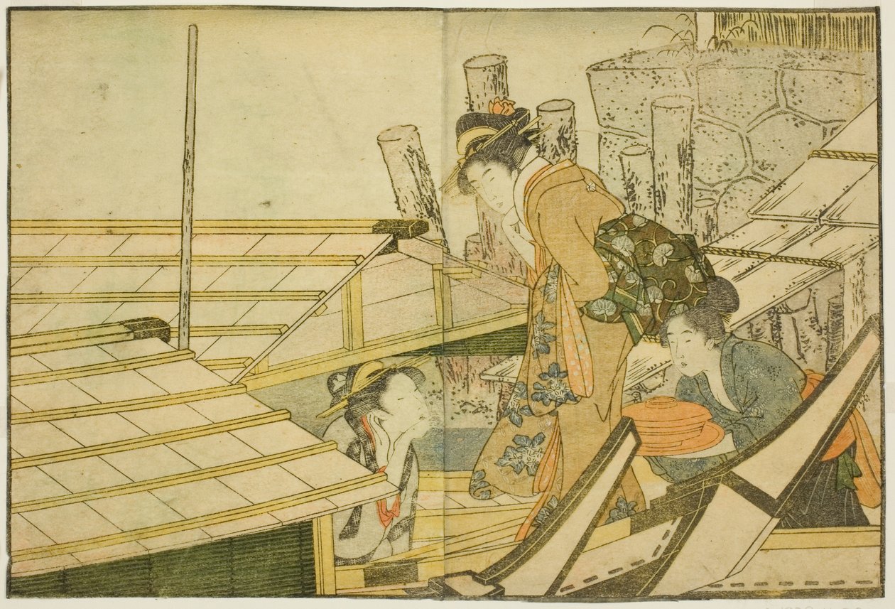Går ombord på fritidsbåtar på sommaren, från den illustrerade boken "Picture Book: Flowers of the Four Seasons (Ehon shiki no hana)," vol. 1 av Kitagawa Utamaro