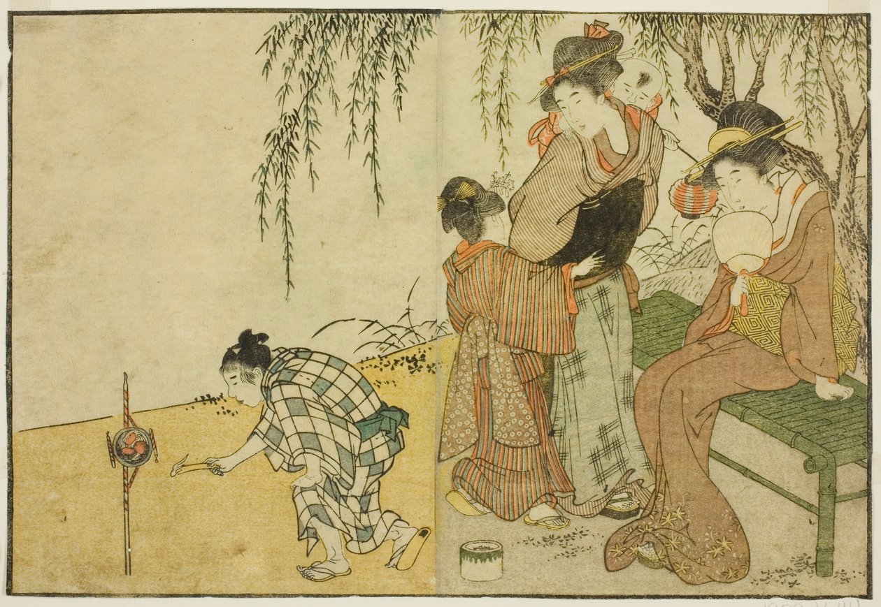 Att njuta av fyrverkerier, från den illustrerade boken "Picture Book: Flowers of the Four Seasons (Ehon shiki no hana)," vol. 1 av Kitagawa Utamaro