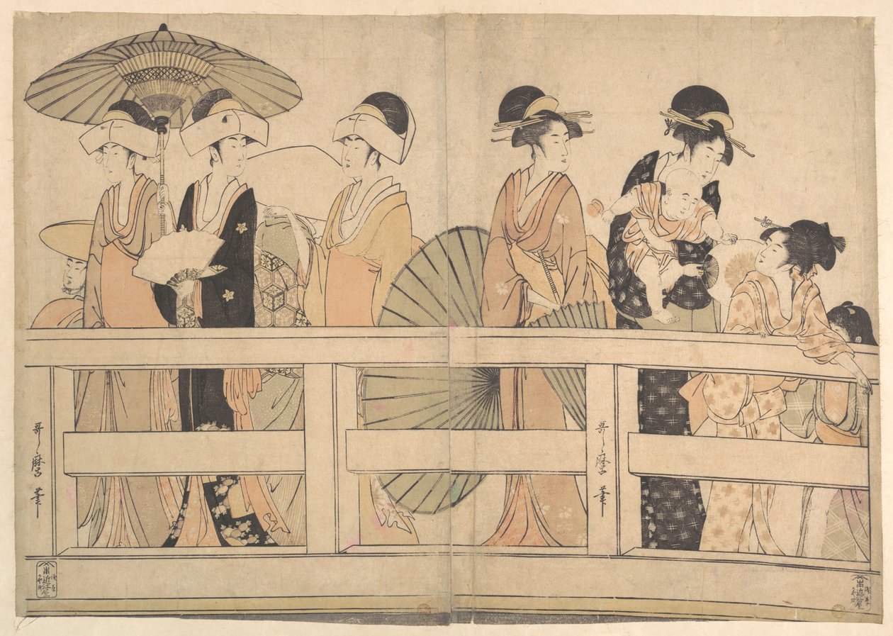 Njut av den svala kvällsbrisen på och under bron av Kitagawa Utamaro