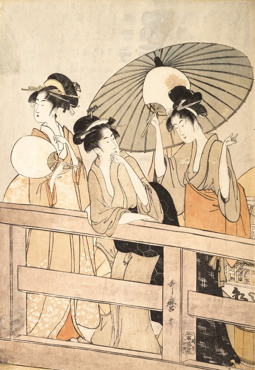 Njuter av den svala kvällsbrisen på och under bron, ca. 1800. av Kitagawa Utamaro