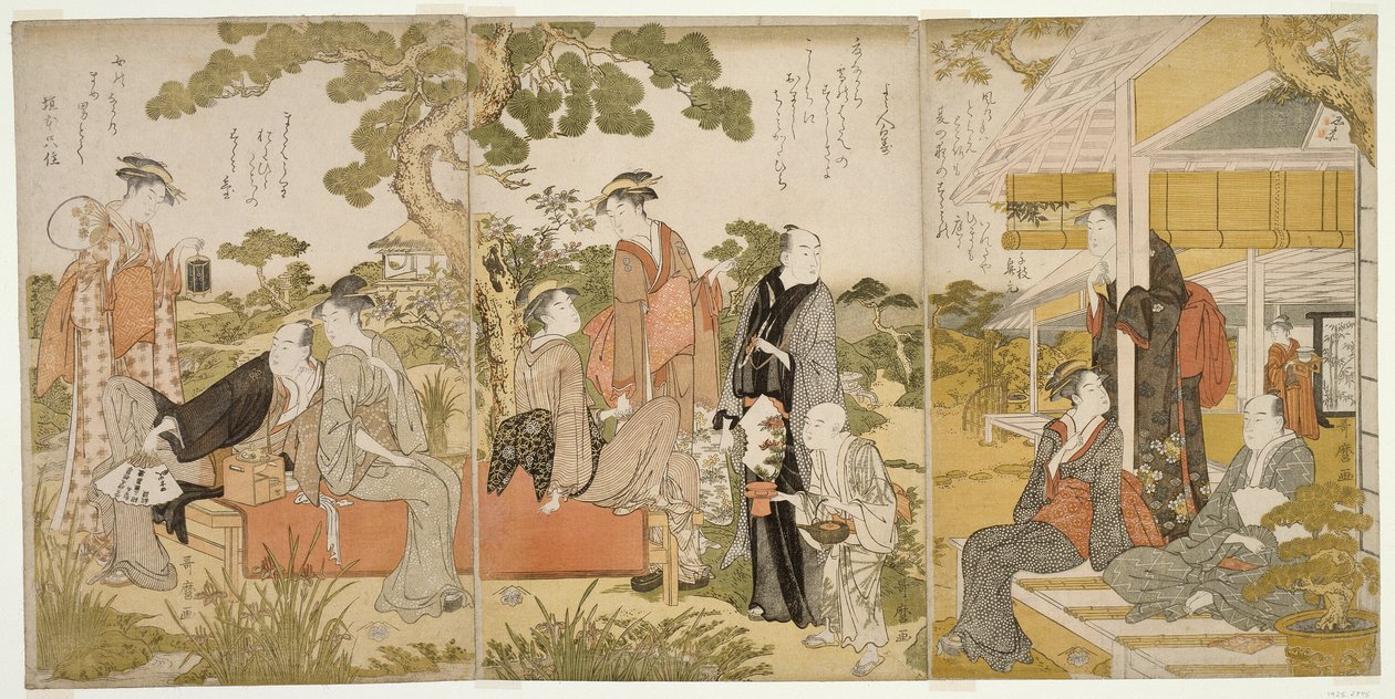 Njuter av kylan i en trädgård av Kitagawa Utamaro