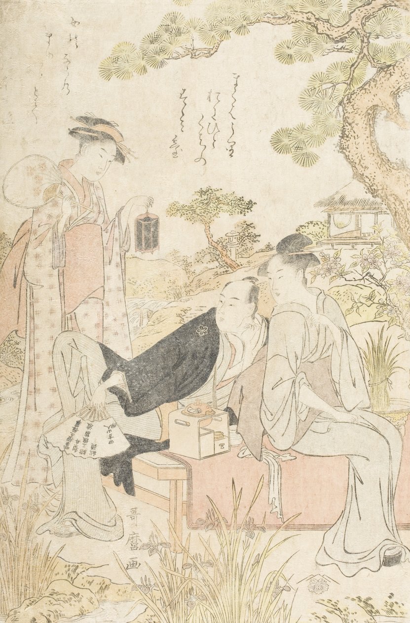 Att njuta av svalkan i en trädgård av Kitagawa Utamaro