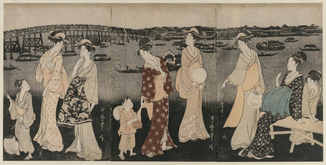 Njuter av kvällen svalt längs Sumidafloden av Kitagawa Utamaro