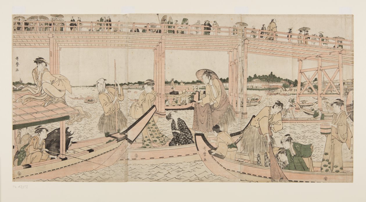 Fiskebåtar med nät under Ry?goku-bron (träblock i färg) av Kitagawa Utamaro