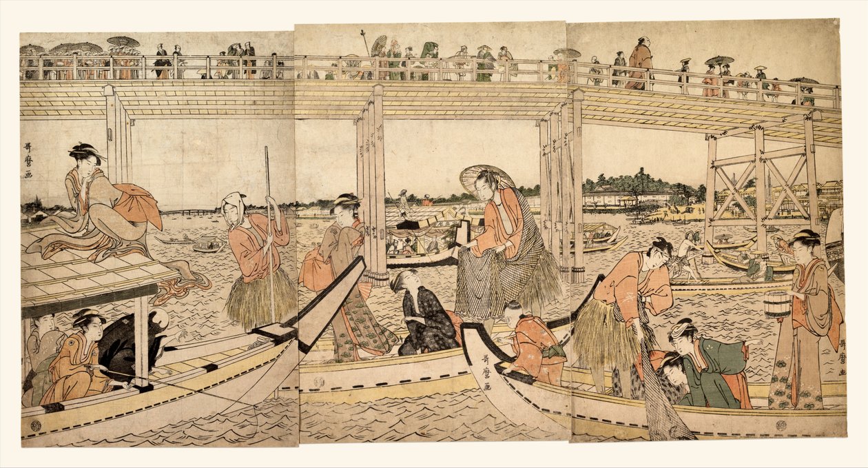 Fiskebåtar med nät under Ryōgoku-bron av Kitagawa Utamaro