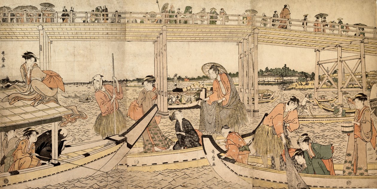 Fiskebåtar med nät under Ryogoku-bron, 1790-talet. av Kitagawa Utamaro