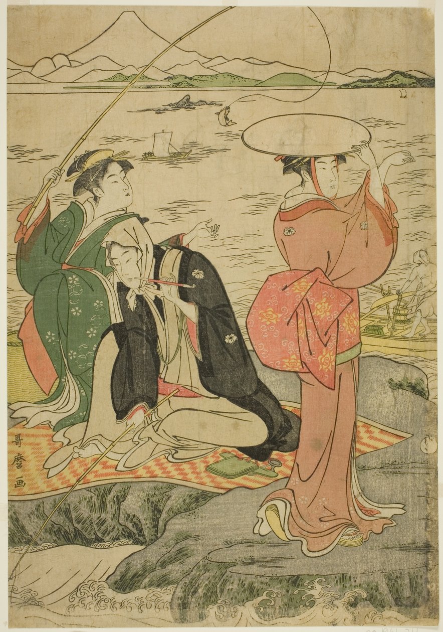 Fiske vid Iwaya, Enoshima av Kitagawa Utamaro