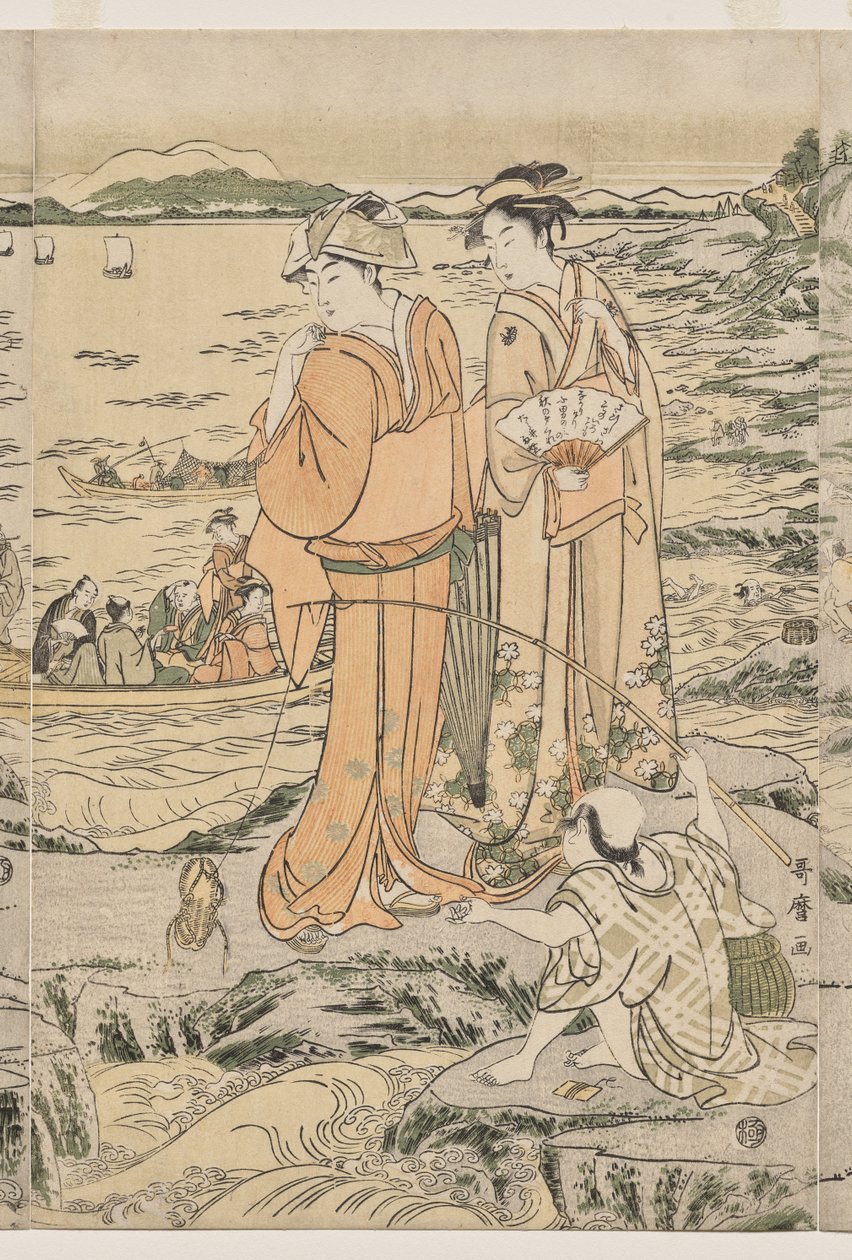 Fiske på skärbrädeklippan i Enoshima av Kitagawa Utamaro
