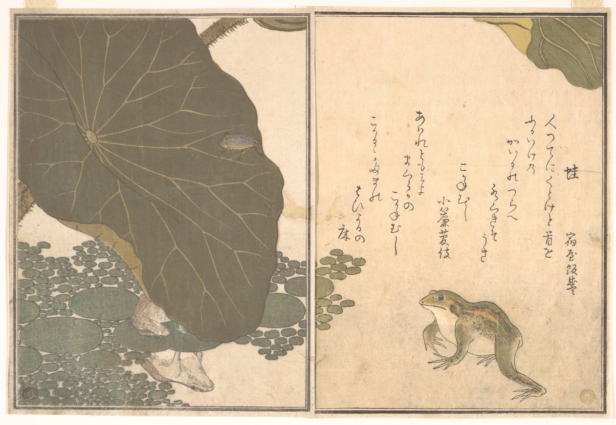 Groda (Kaeru); guldbagge (Kogane mushi), ur Bilderboken om krypande varelser (Ehon mushi erami) av Kitagawa Utamaro