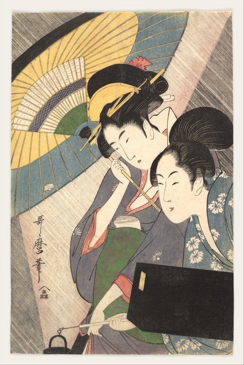 Geisha och hennes följeslagerska en regnig natt av Kitagawa Utamaro