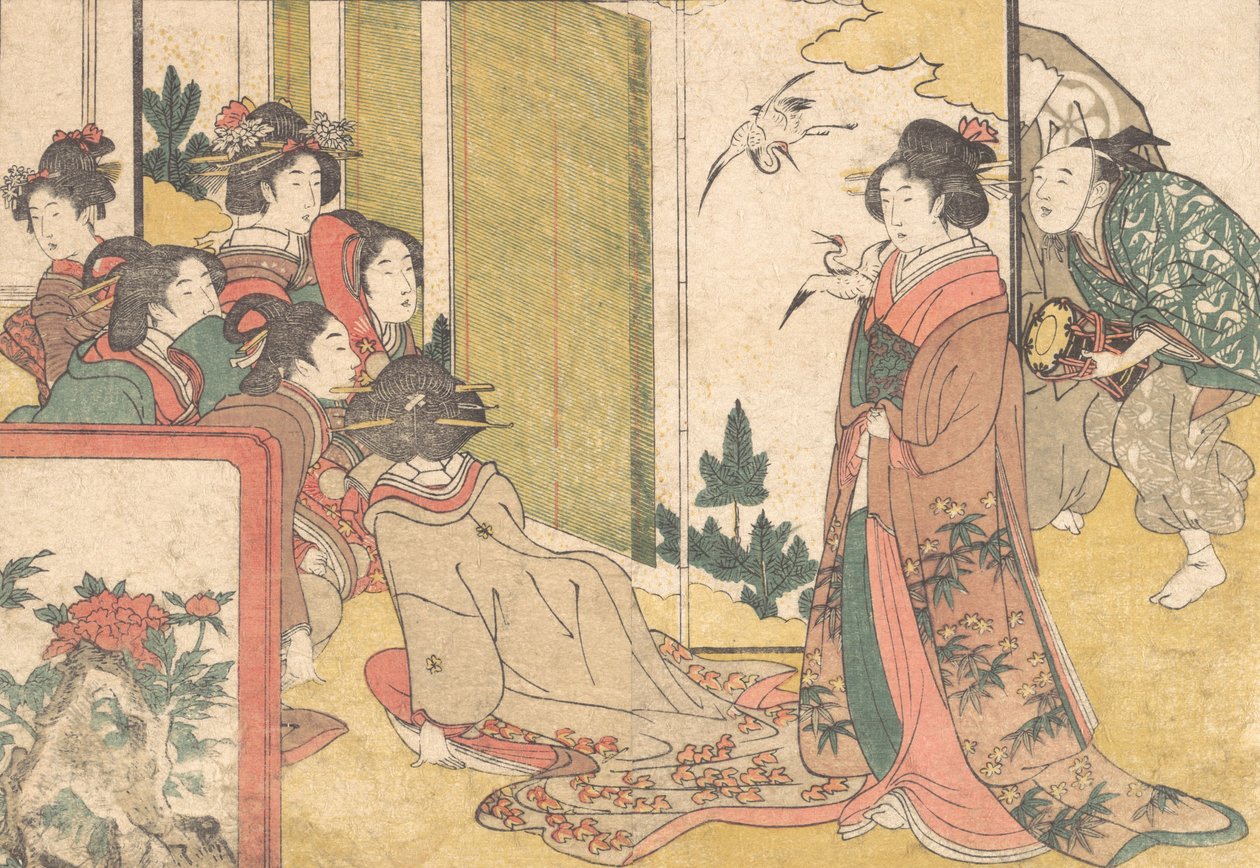 Girls Entertained by Performers, från den illustrerade boken Flowers of the Four Seasons, 1801. av Kitagawa Utamaro