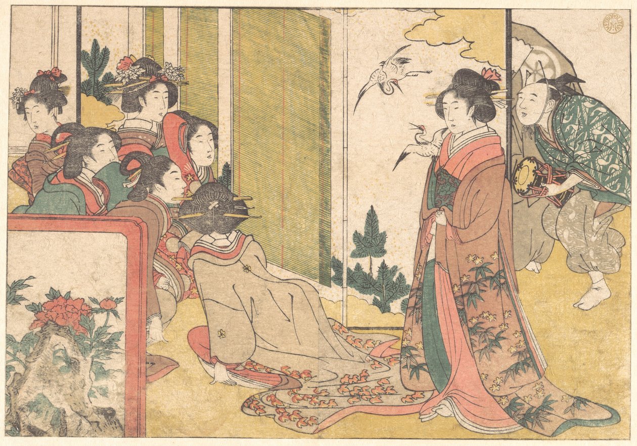 Flickor underhållna av artister, ur den illustrerade boken ”De fyra årstidernas blommor” av Kitagawa Utamaro