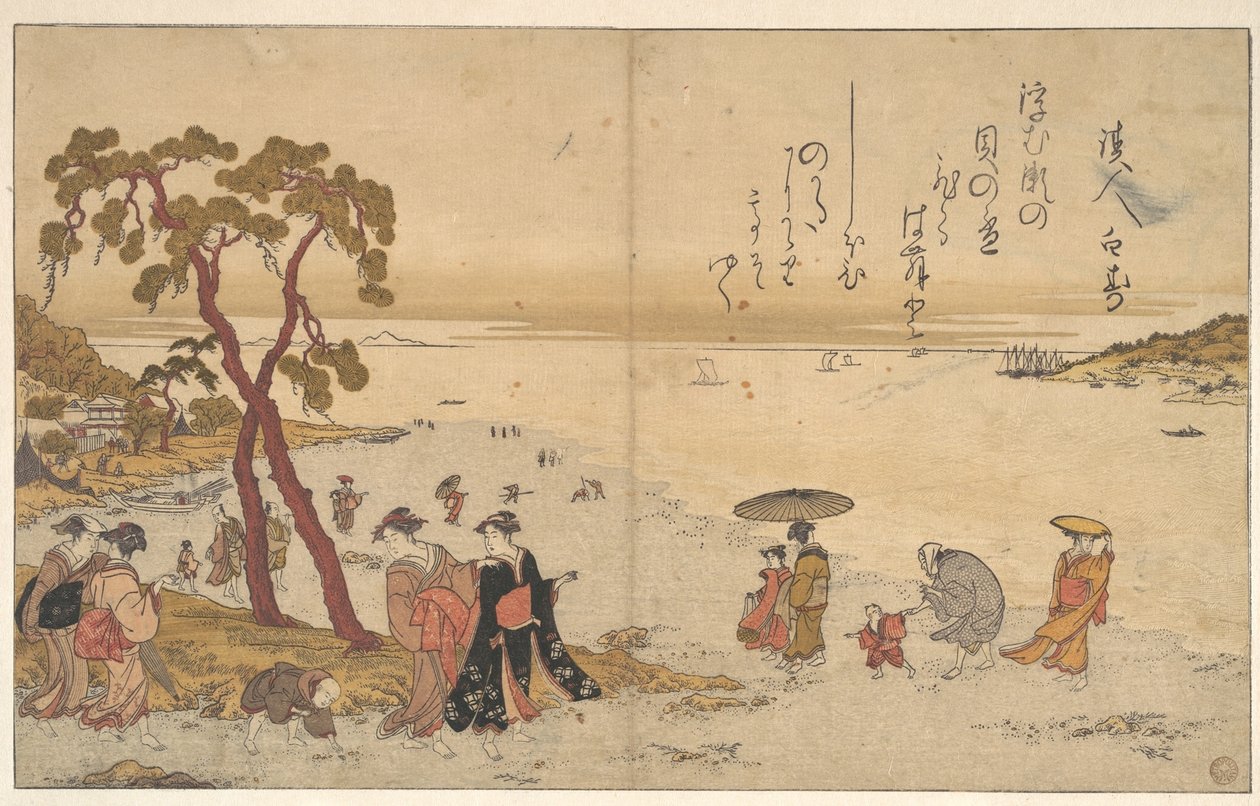 Flickor som samlar snäckskal vid strandkanten av Kitagawa Utamaro