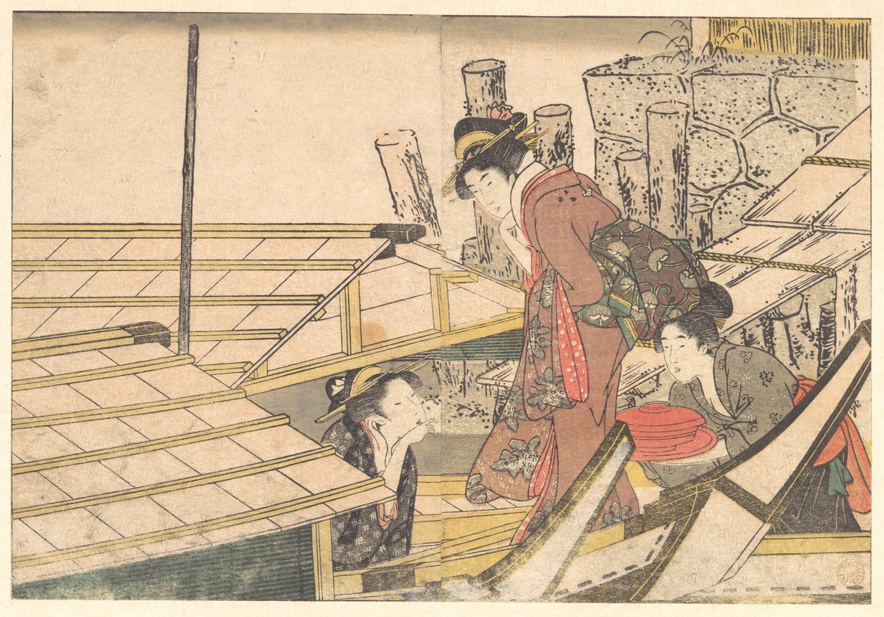 Flickor som går ombord på en båt, ur den illustrerade boken ”Årets fyra årstider” av Kitagawa Utamaro