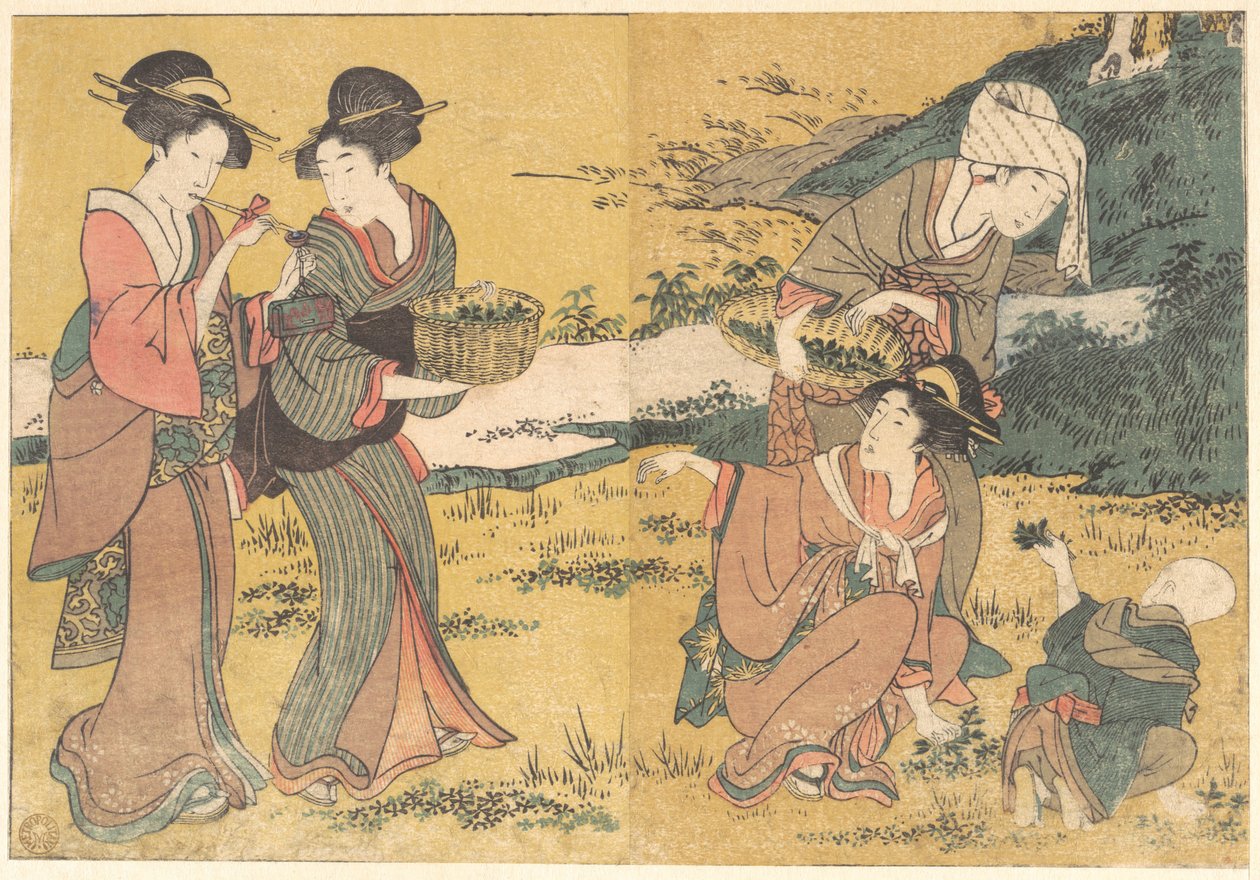 ”Flickor som plockar gröna blad”, ur den illustrerade boken ”Blommor under de fyra årstiderna” av Kitagawa Utamaro