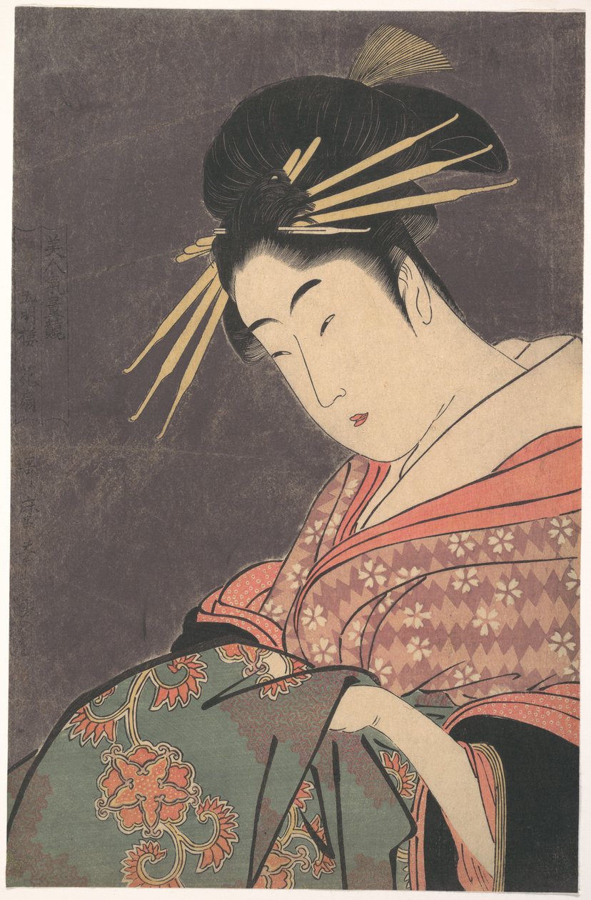 ”Hanaōgi från Gomeirō”, ur serien Jämförelse av skönheters behag (Bijin kiryō kurabe: Gomeirō Hanaōgi) av Kitagawa Utamaro