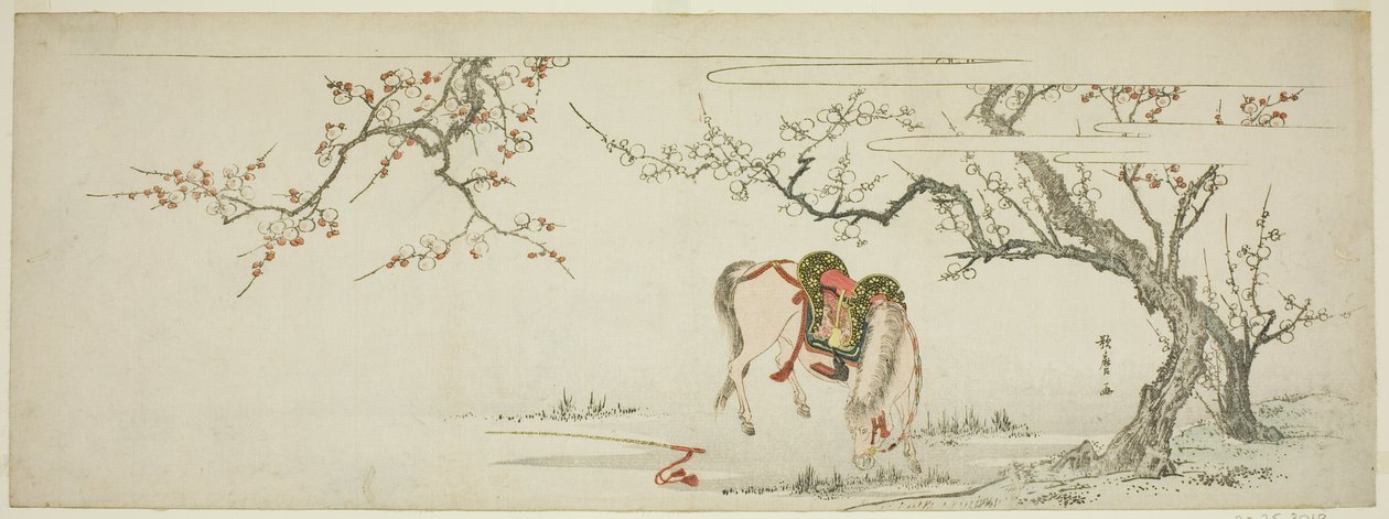 Häst under ett blommande plommonträd av Kitagawa Utamaro