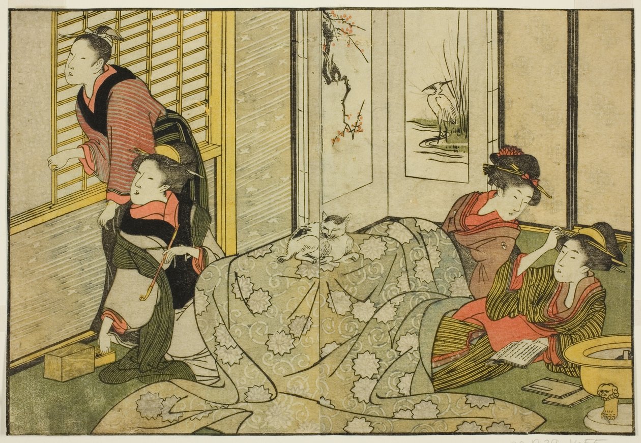 Interiörscen på en snöig dag, från den illustrerade boken "Picture Book: Flowers of the Four Seasons (Ehon shiki no hana)," vol. 2 av Kitagawa Utamaro