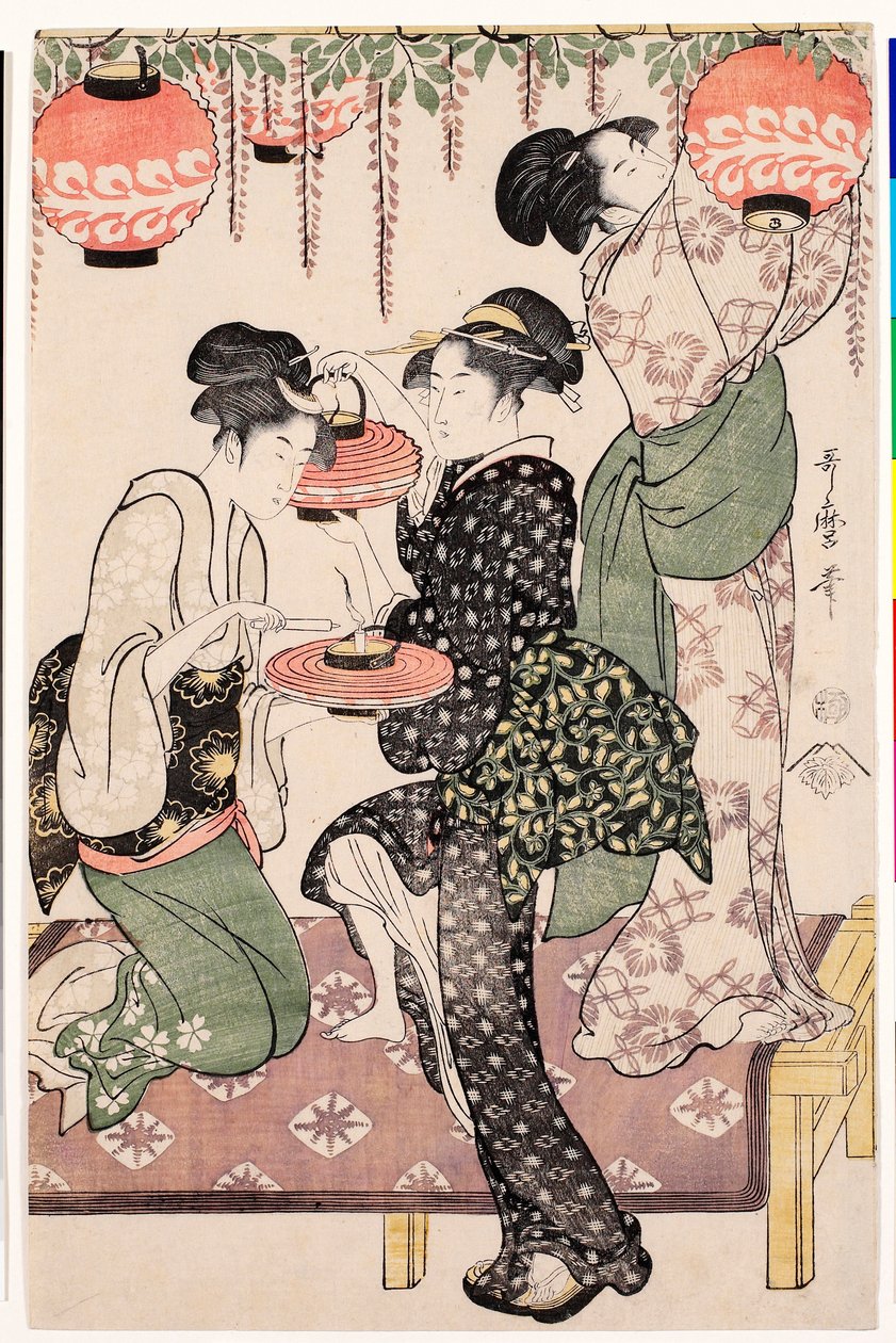 Unga flickor från ett japanskt tehus som hänger lyktor från en blåregn - Tryck av Kitagawa Utamaro (1753-1806), ca 1795, linosnitt - Teahouse girls under a wisteria espalier - Färg linosnitt av Kitagawa Utamaro (1753-1806) , ca1 av Kitagawa Utamaro