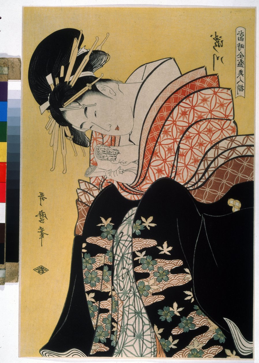 Den vackra Takigawa från Ogi Tea House. I serien The Contemporary Beautiful Celebrities (den berömda skönheten i våra dagar). Ritning av Kitagawa Utamaro (1754-1806). Starkt vatten av Kitagawa Utamaro